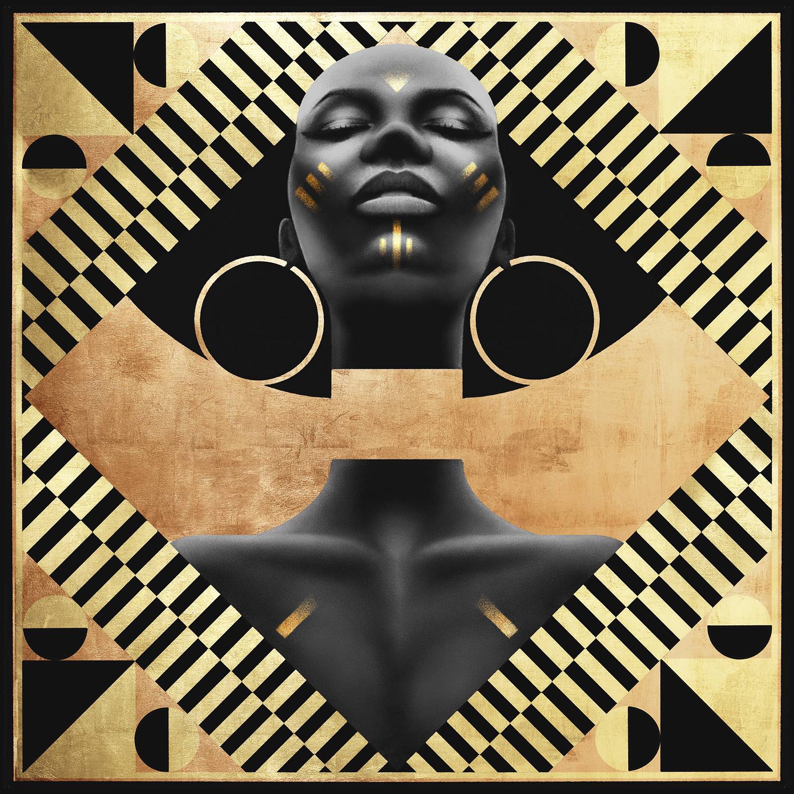 Poster of a black contemporary woman, in black and gold luxury finish.